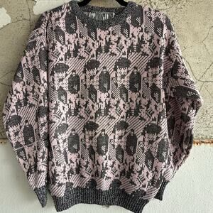 Vintage Sweater Womens L Pink Black Abstract Geometric Knit Pullover Soft Grunge